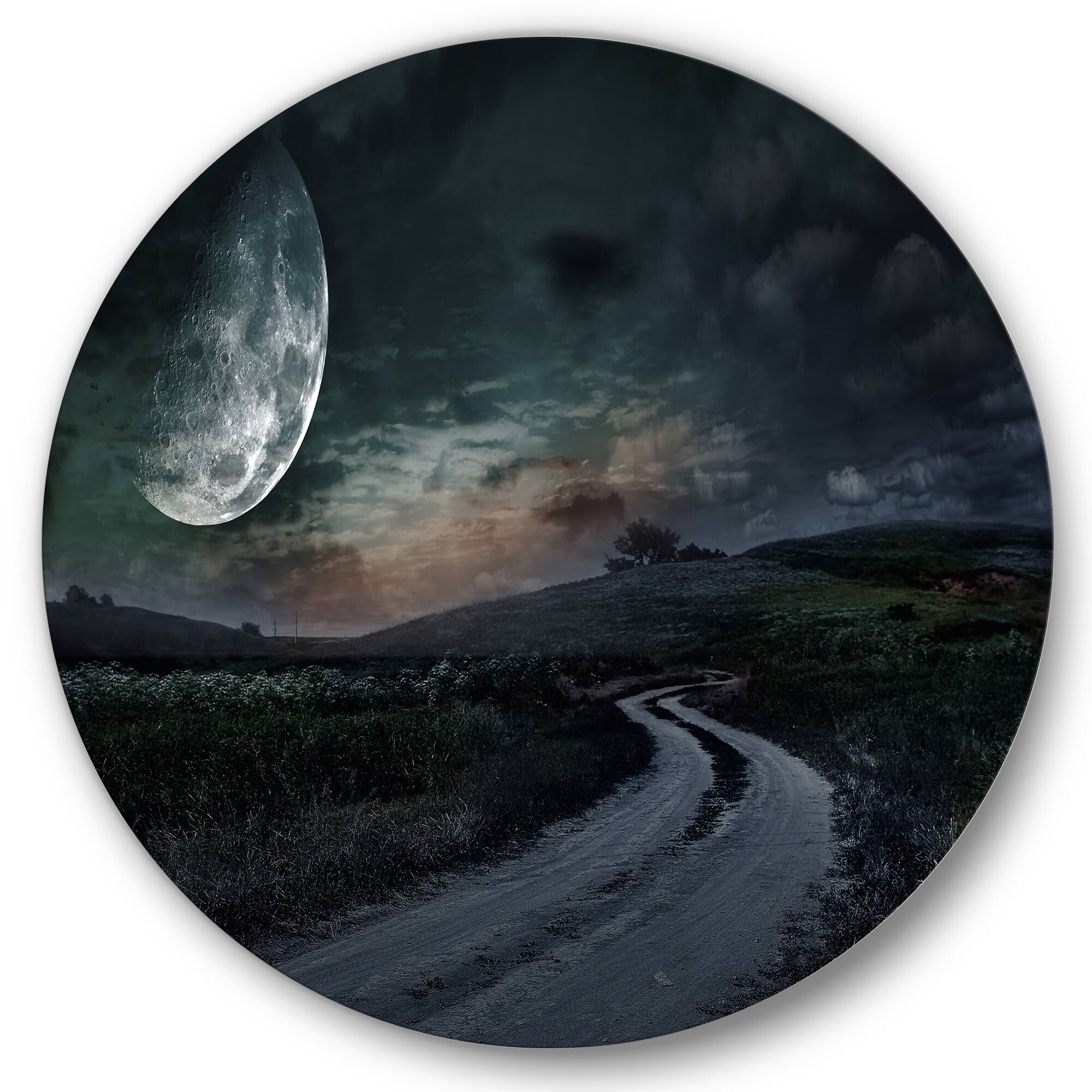 Designart - Rural Road Through The Meadow Under Full Moon